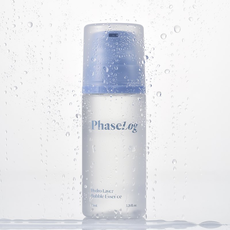 PHASELOG 하이드로 레이어 버블 에센스 — 물방울 맺힌 반투명 병